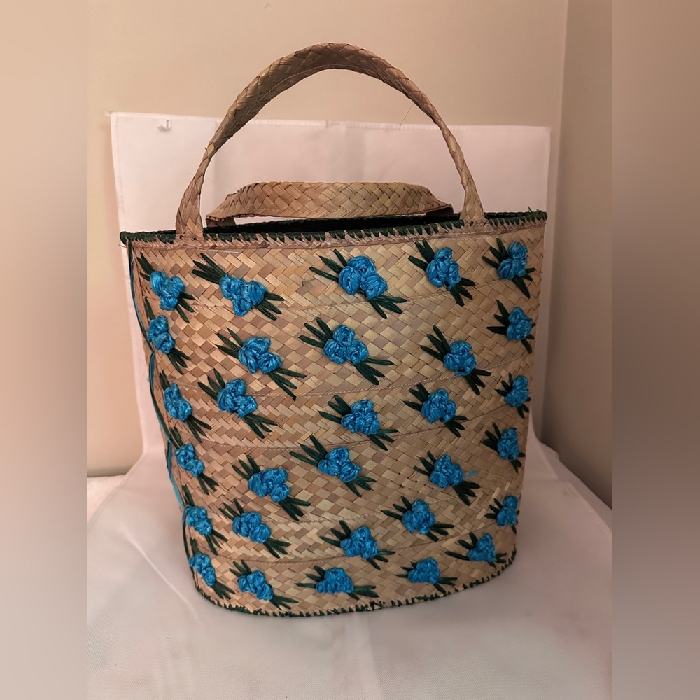 Vintage Algozzini Florida Fashions Straw Woven Raffia Flowers handbag Tote Rare